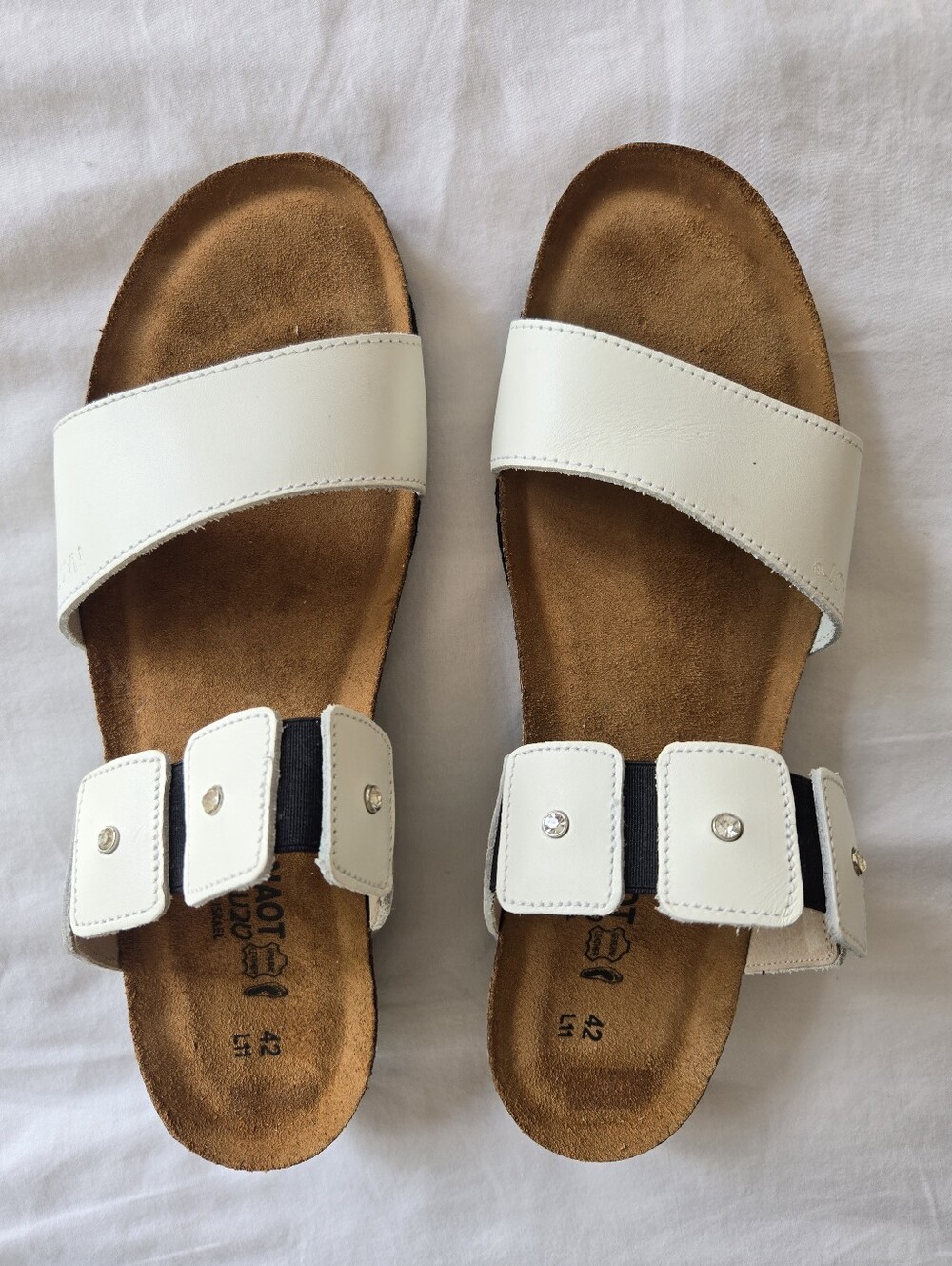 Naot Ashley White Leather Rhinestone Slide Sandals Size 42 (US 11)